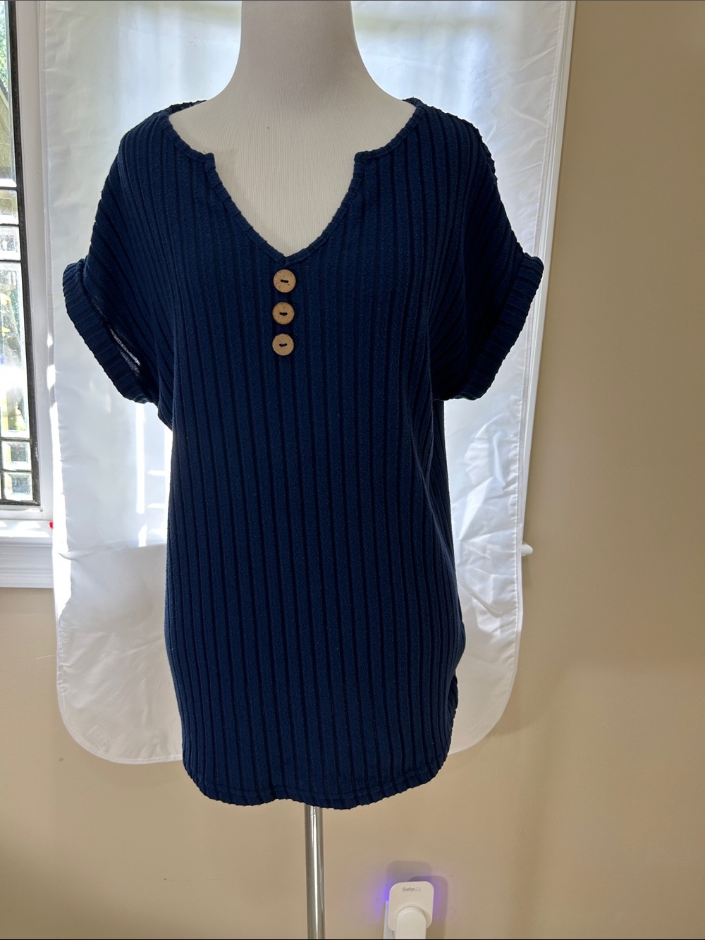 Women's Navy Ribbed Short-Sleeve Top with Button Detail
